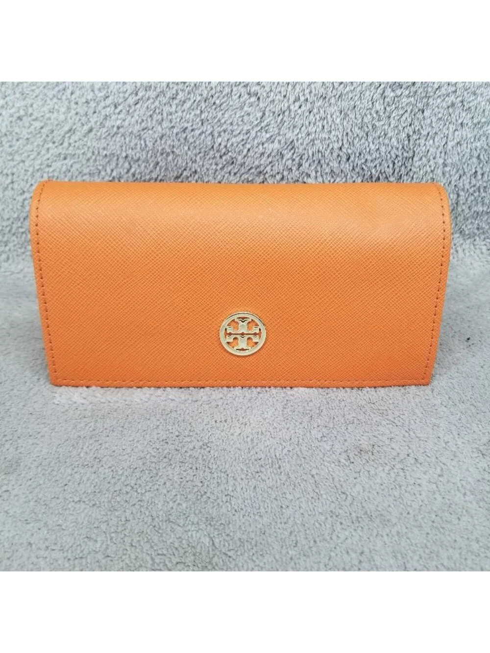Tory Burch Triangle Eyeglass Case Orange Faux Leather With Cleaning Cloth